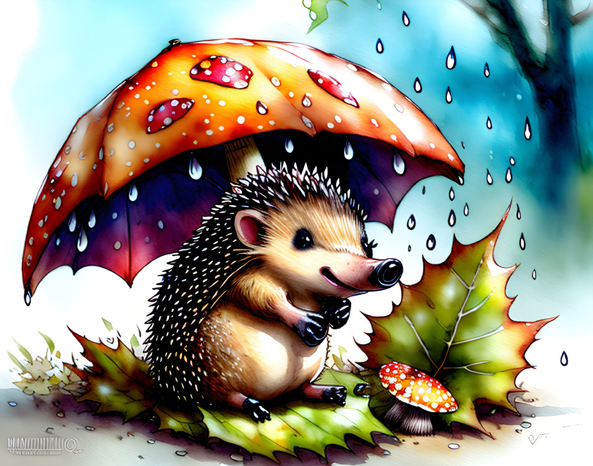 Smiling hedgehog with umbrella in rain next to mushroom and leaves