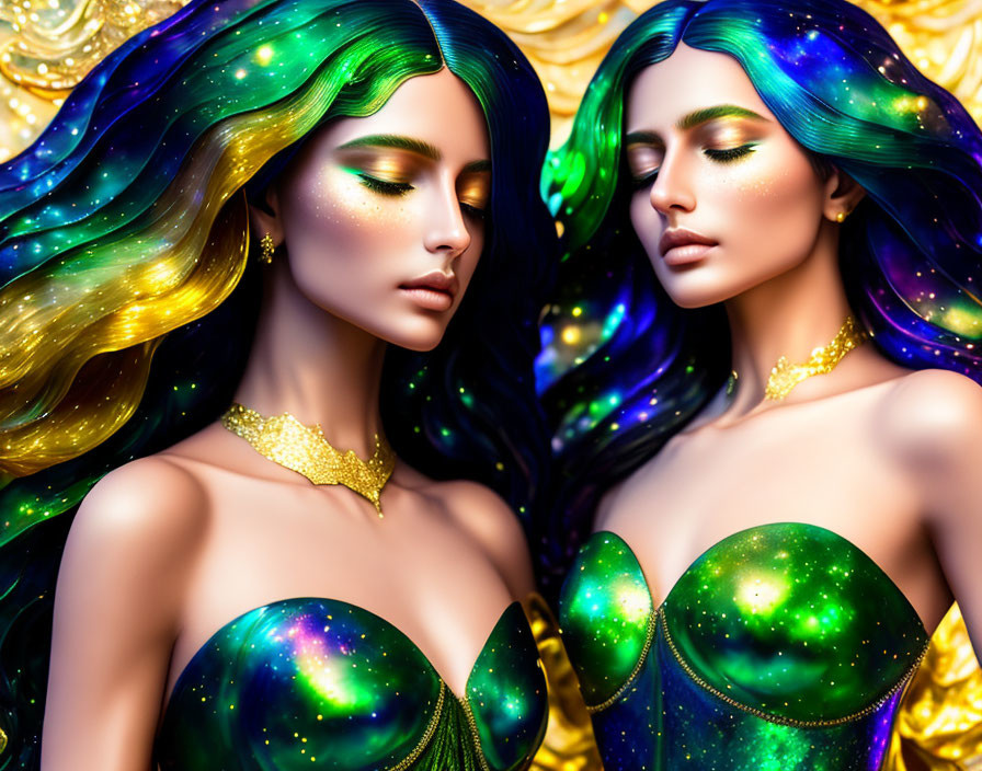 Stylized women with galaxy-themed hair and attire against golden backdrop