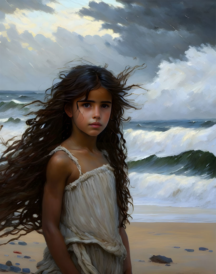 Young girl with long, wavy hair on beach with stormy seas and clouds