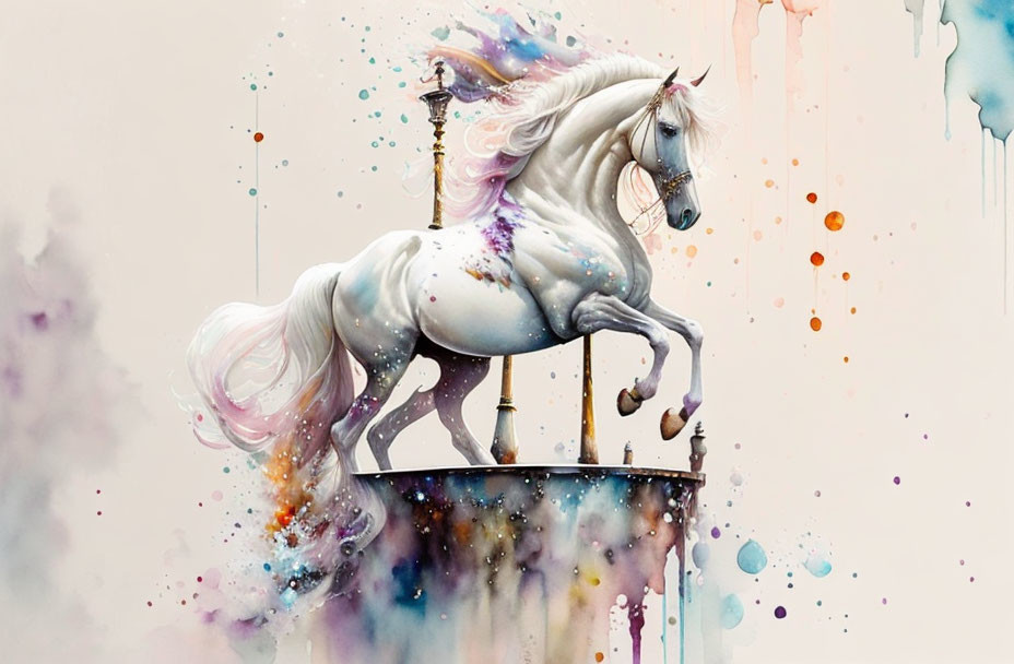 White Unicorn with Flowing Mane in Vibrant Watercolor Splashes