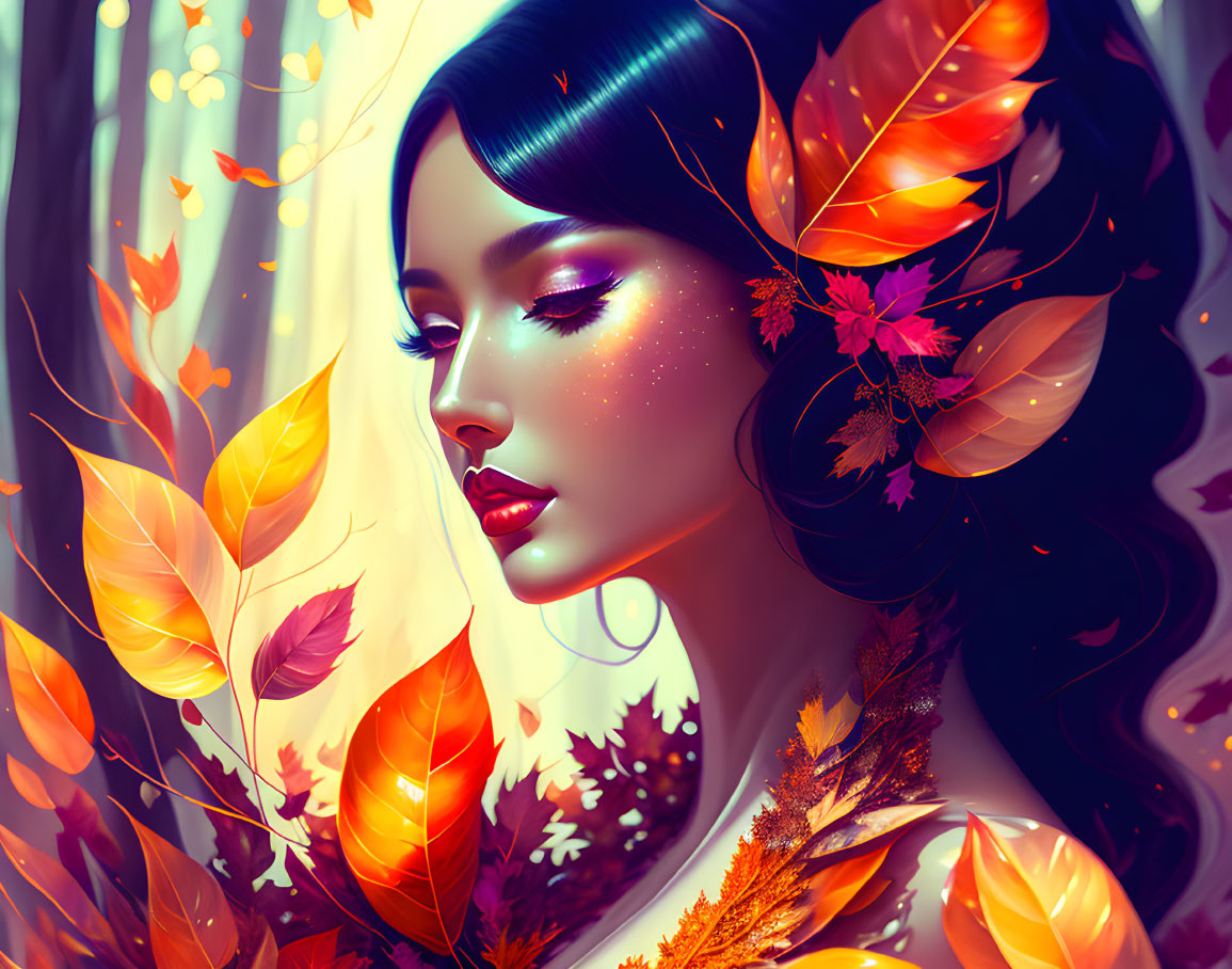 Dark-haired woman portrait surrounded by autumn leaves and glowing lights