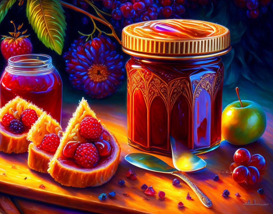 Colorful Still Life with Honey, Bread, and Berries on Dark Background