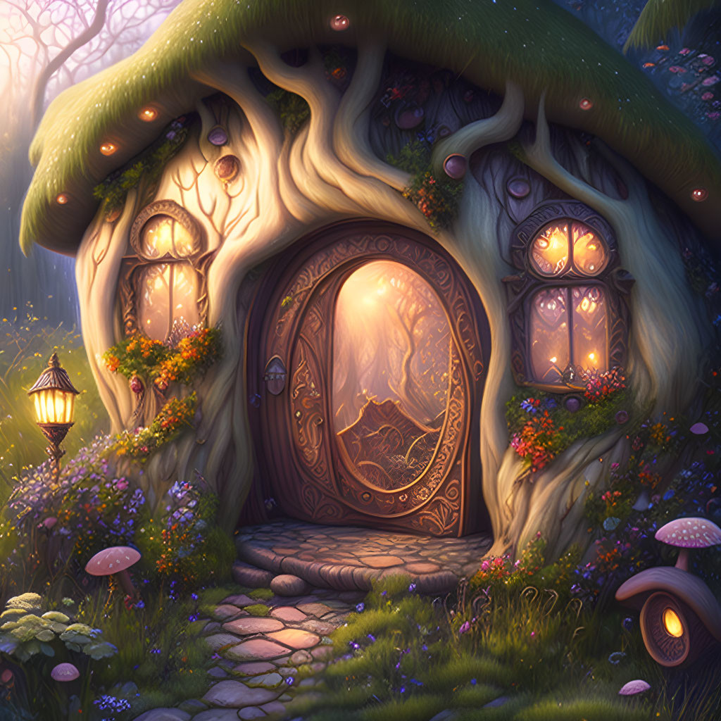 Whimsical treehouse illustration with rounded door and glowing windows