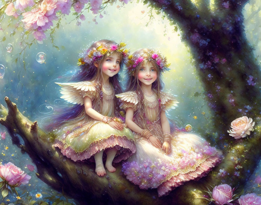 Whimsical fairies with delicate wings in a magical forest landscape