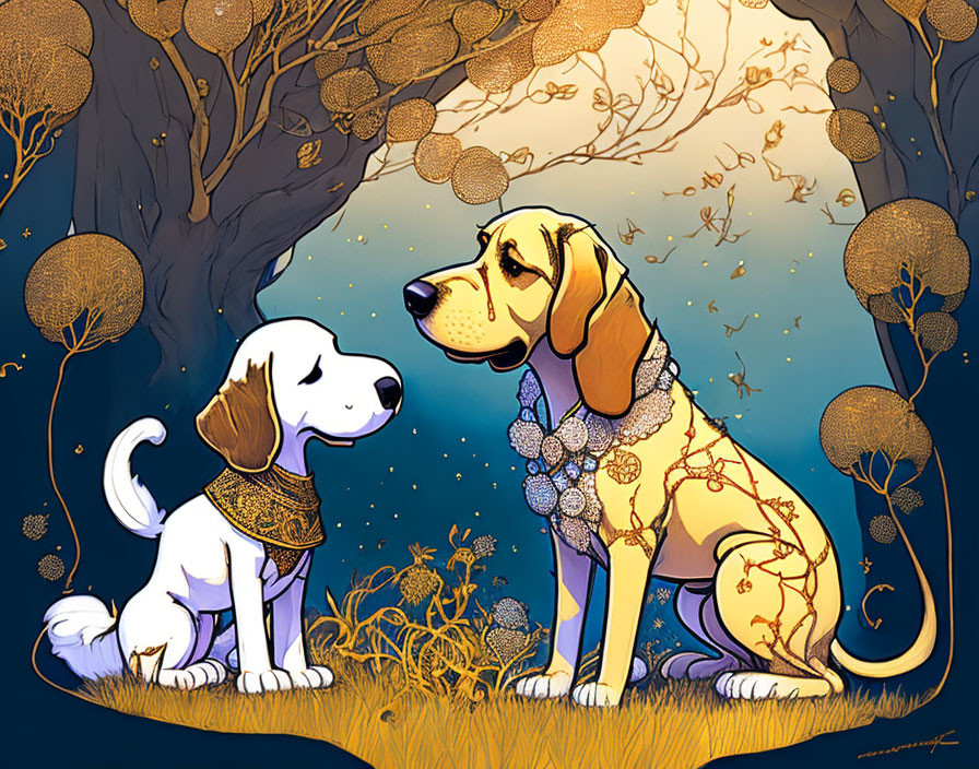 Illustrated dogs with decorative patterns in twilight scene