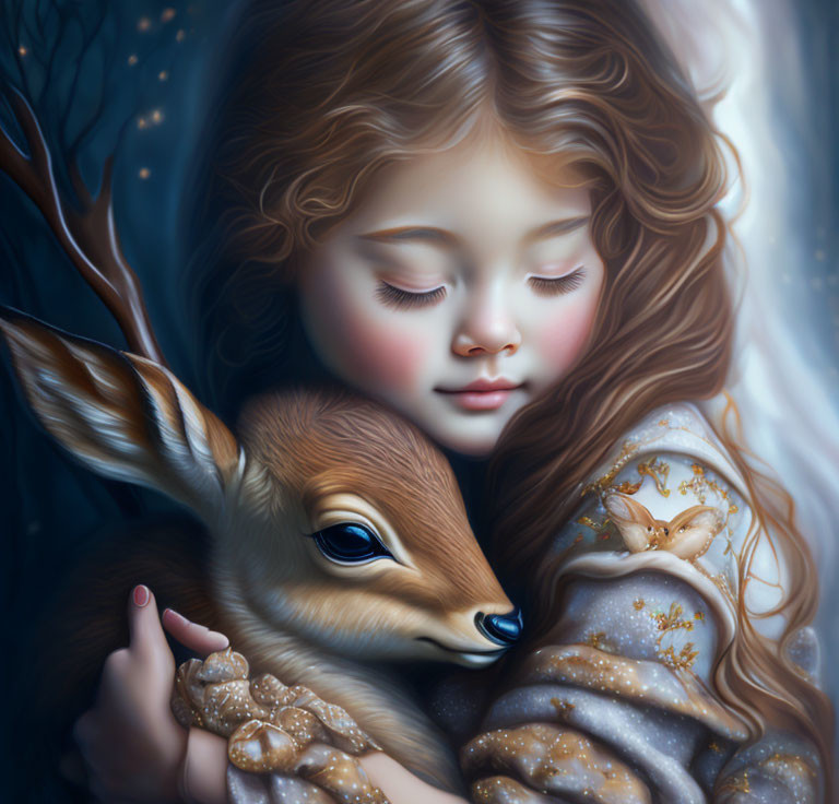 Young girl with brown hair embracing fawn in serene setting