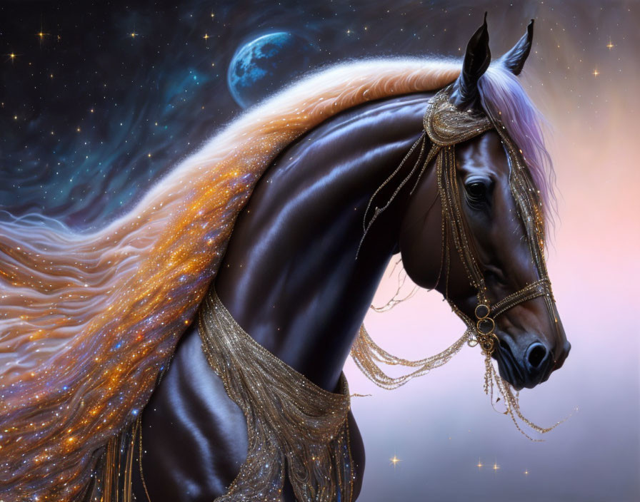 Majestic horse with galaxy-inspired mane and gold ornaments on cosmic background