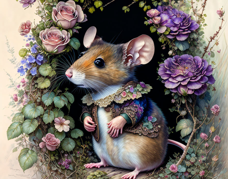 Anthropomorphized mouse in ornate clothing among roses and purple flowers