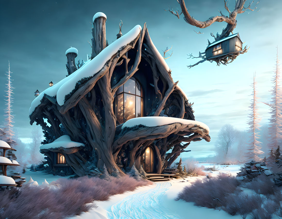 Snow-covered whimsical treehouse in twilight winter scene with glowing lights.