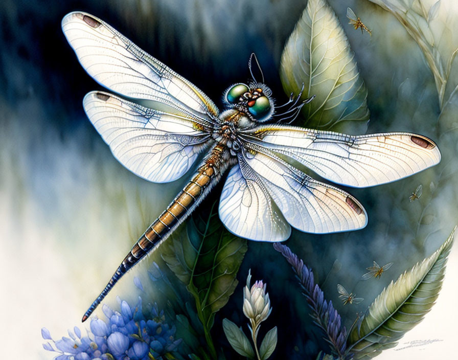 Detailed illustration of a vibrant dragonfly on foliage with transparent wings.