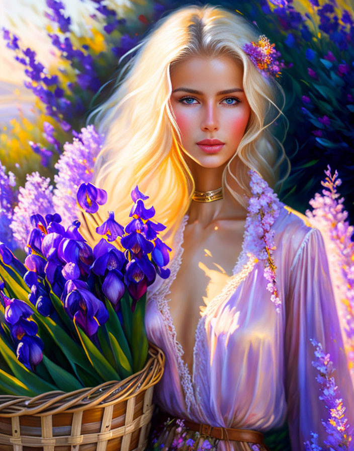 Blonde woman with blue eyes in purple flower field with basket