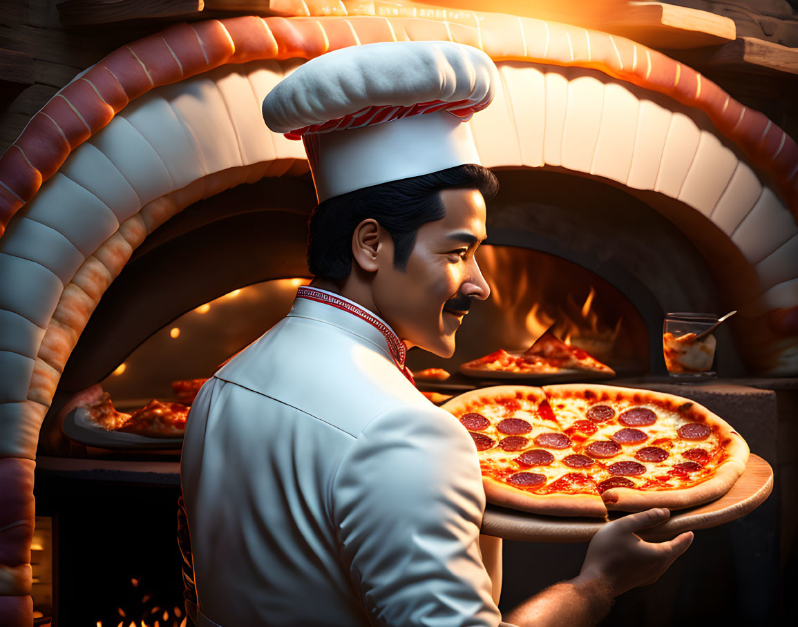 Chef with mustache presents freshly baked pepperoni pizza near wood-fired oven