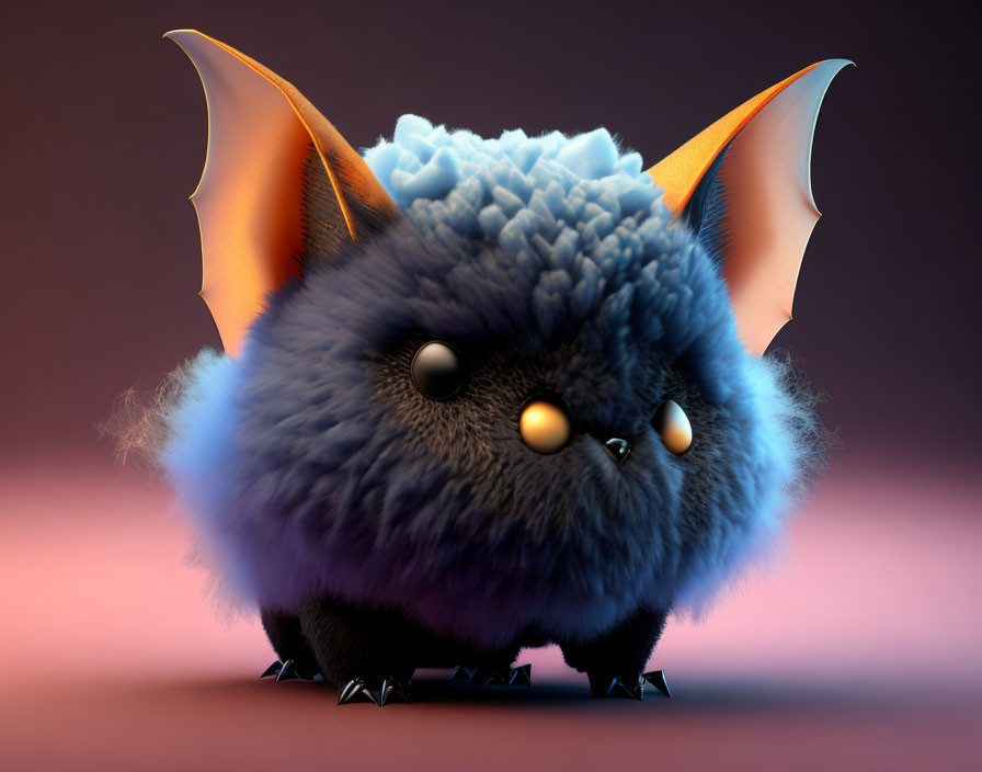 Blue fluffy creature with bat-like wings and orange eyes on purple background