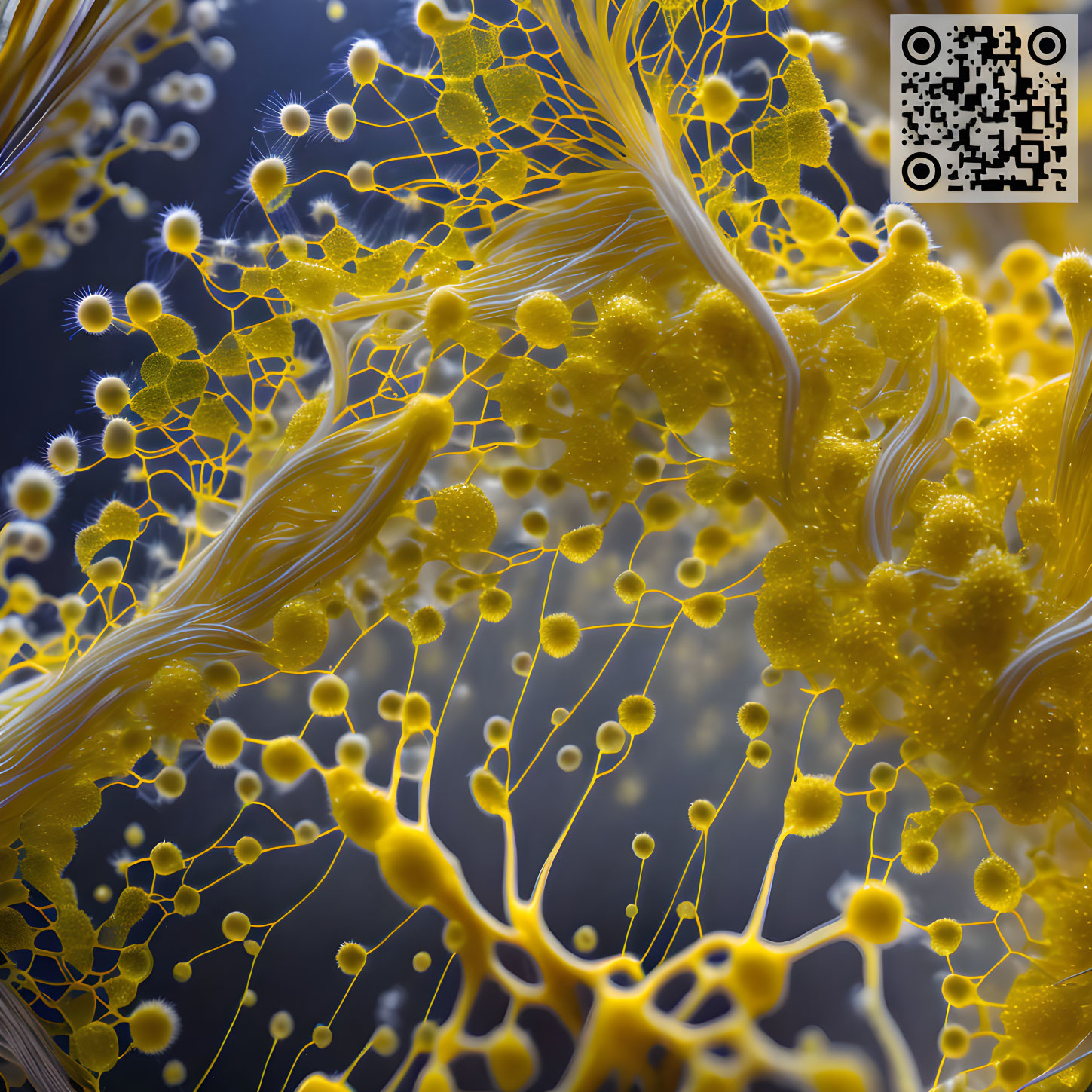 Microscopic Organisms & Neural Network: Yellow Fibrous Structures & Spherical Nodes on Dark Background