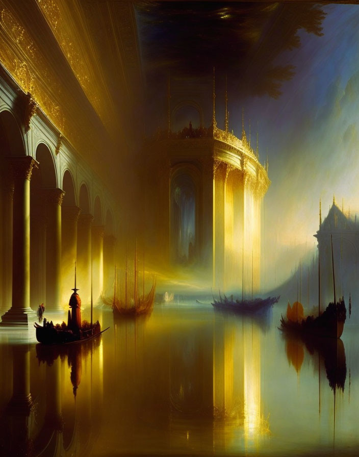 Golden-lit fantasy scene: Boats on tranquil waters in majestic palace