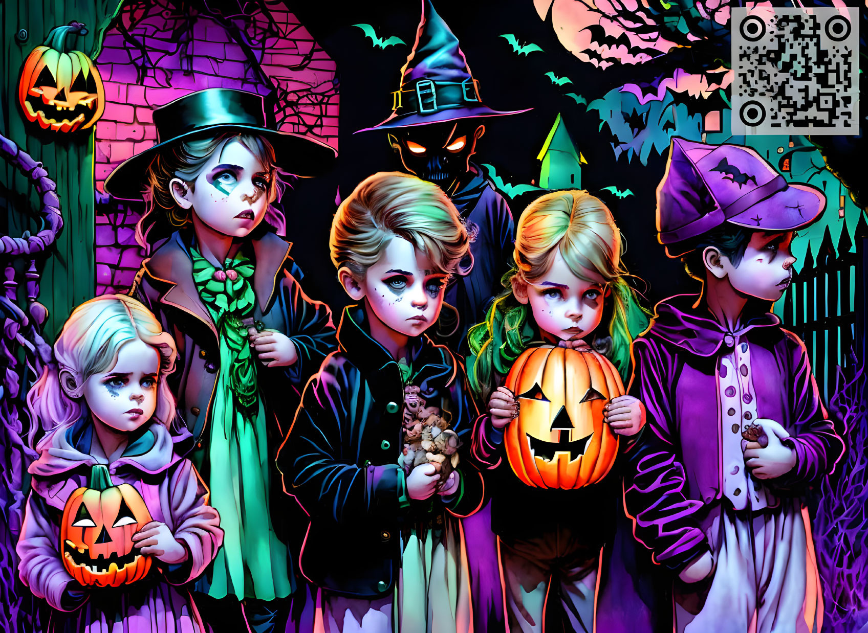 Colorful Halloween scene with five children in costumes and pumpkins in front of haunted house and bats