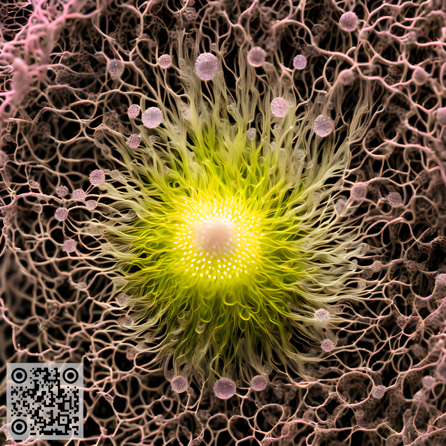 Vibrant green fractal structure with fibrous tendrils and spherical particles in 3D render