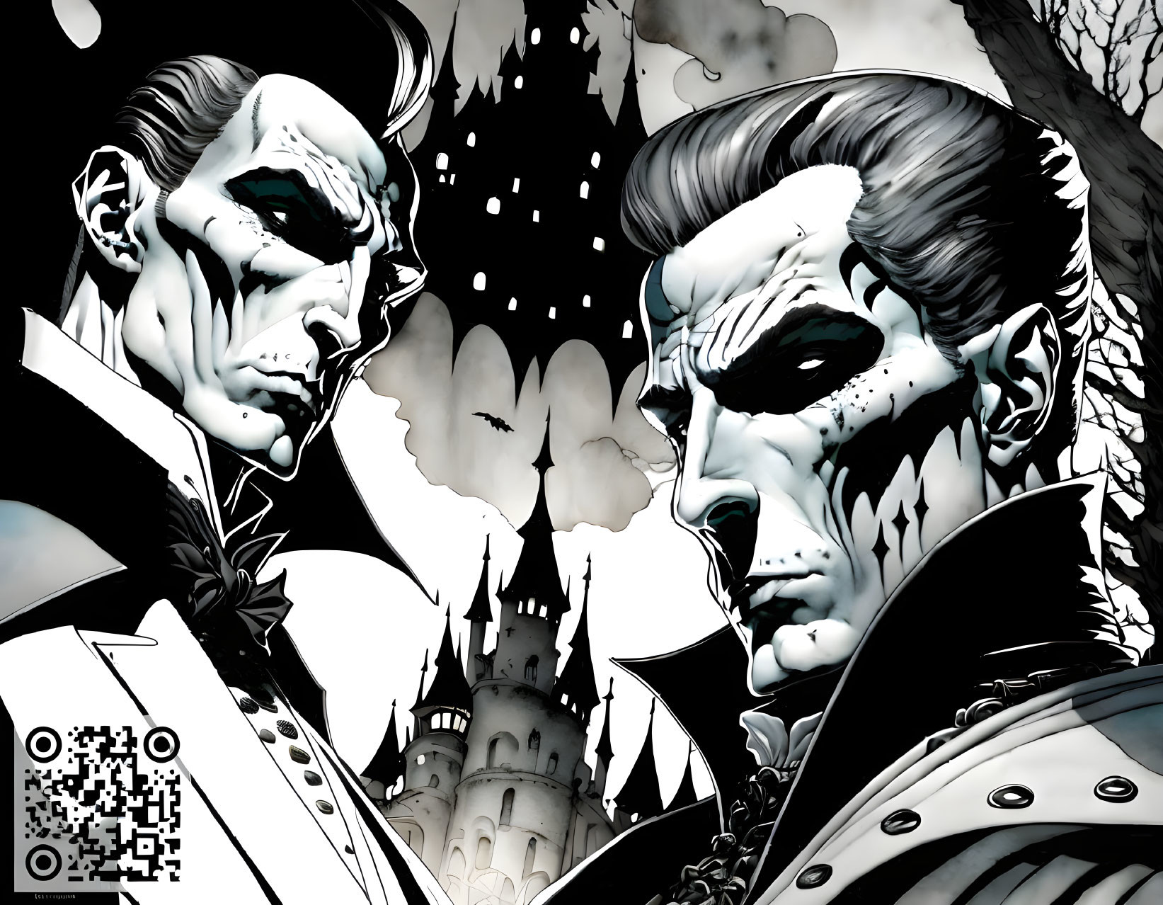 Stylized Gothic comic characters with dark castle and bats