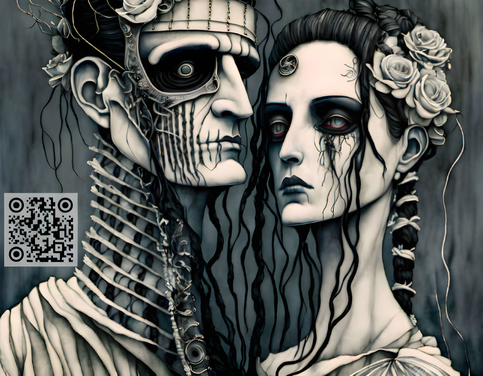 Stylized gothic figures with mechanical eye and roses, featuring a QR code.