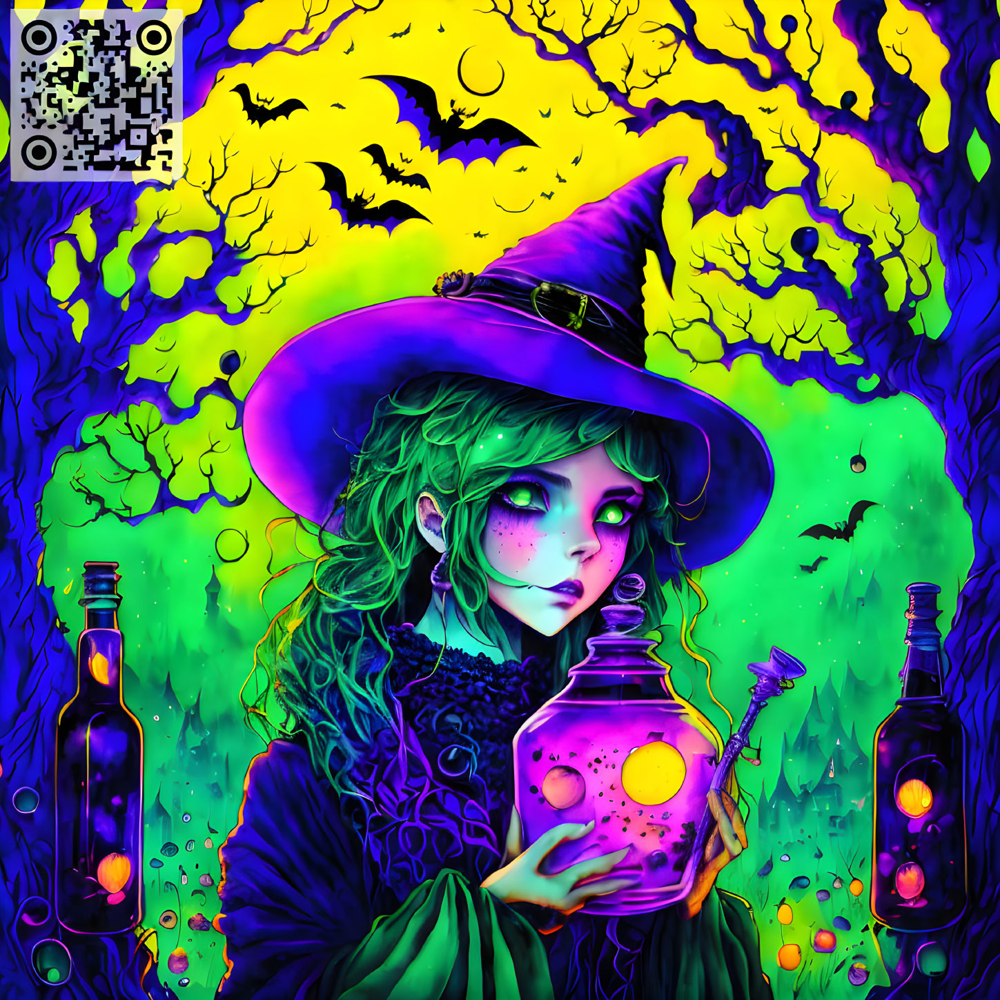 Illustration of witch with green hair, purple hat, glowing potion, twisted trees, bats, and