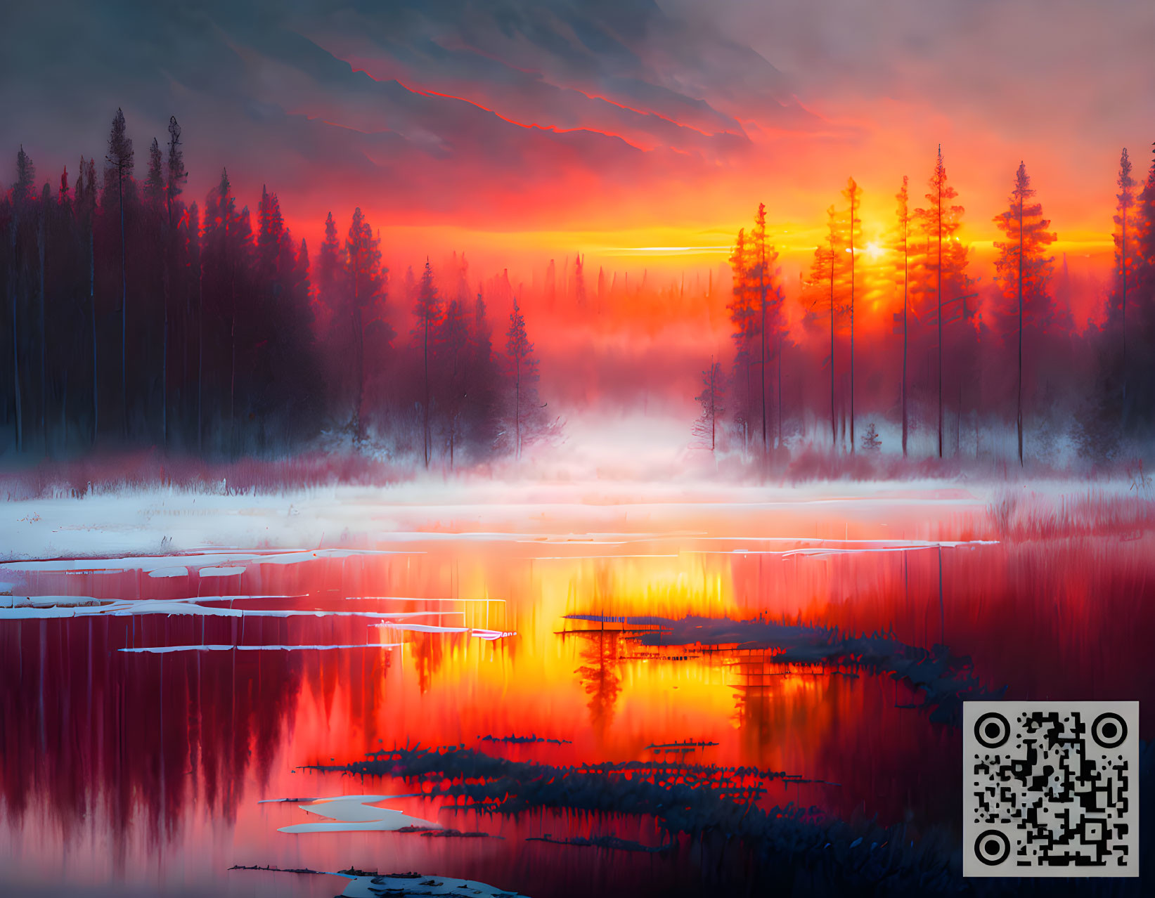 Digital artwork: Misty forest, trees reflected in lake under fiery sunset