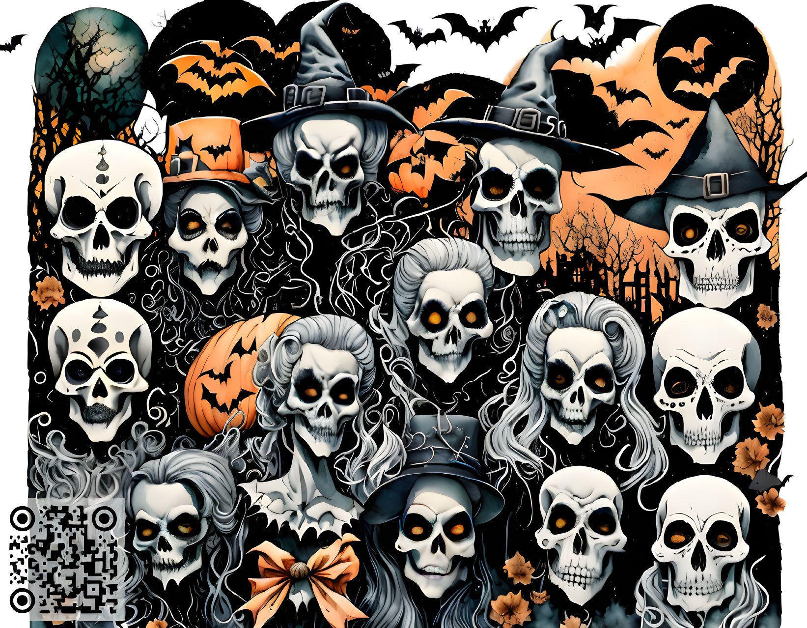 Stylized skulls and witch in Halloween-themed art