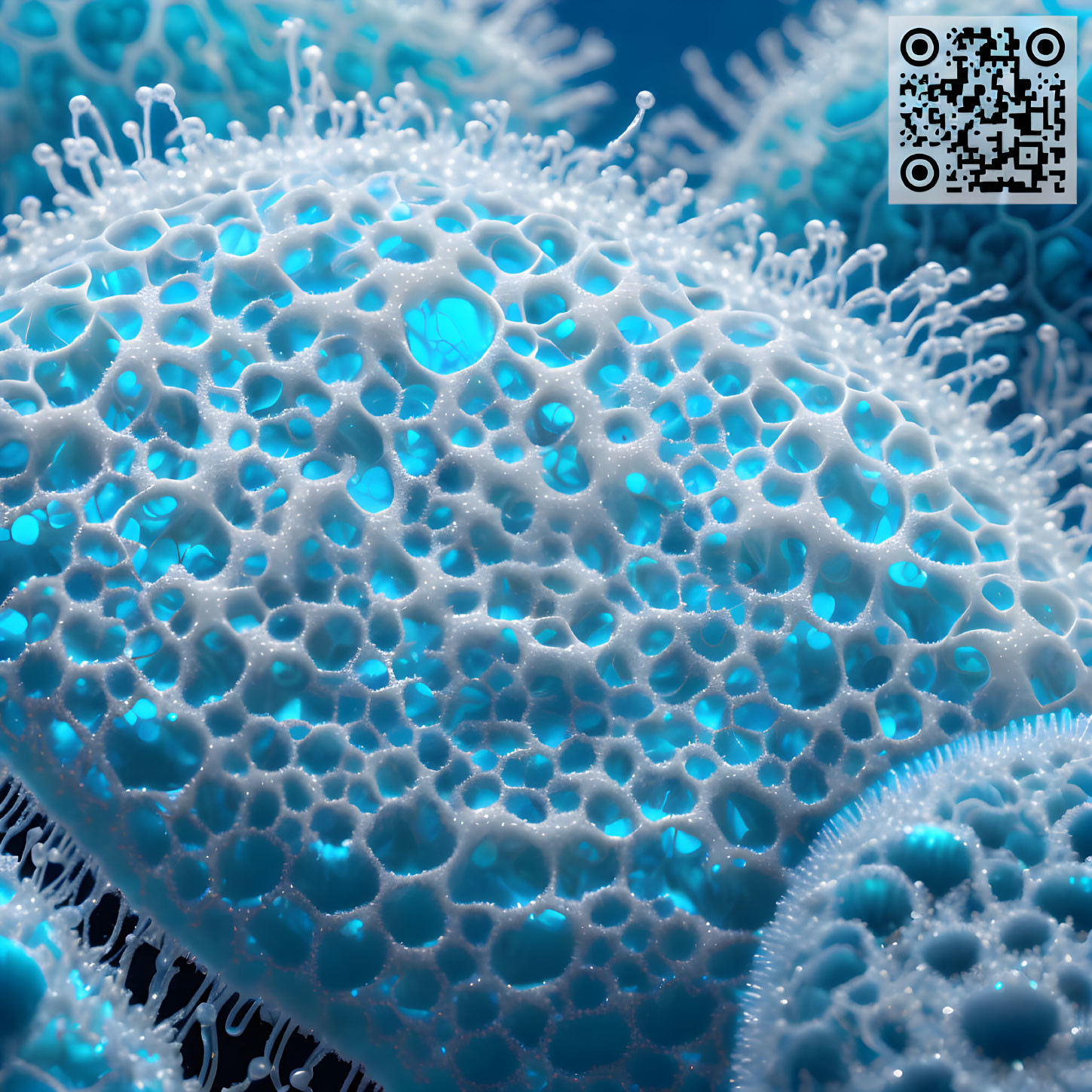 Detailed 3D Rendering of Virus with Spike Proteins in Blue and White