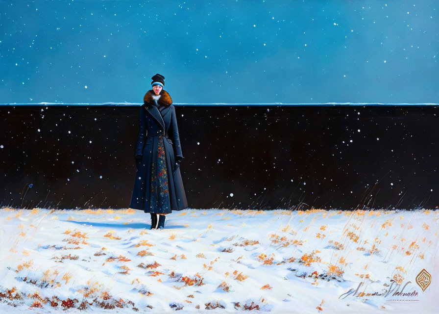 Person in winter coat and hat on snowy field under night sky with falling snow