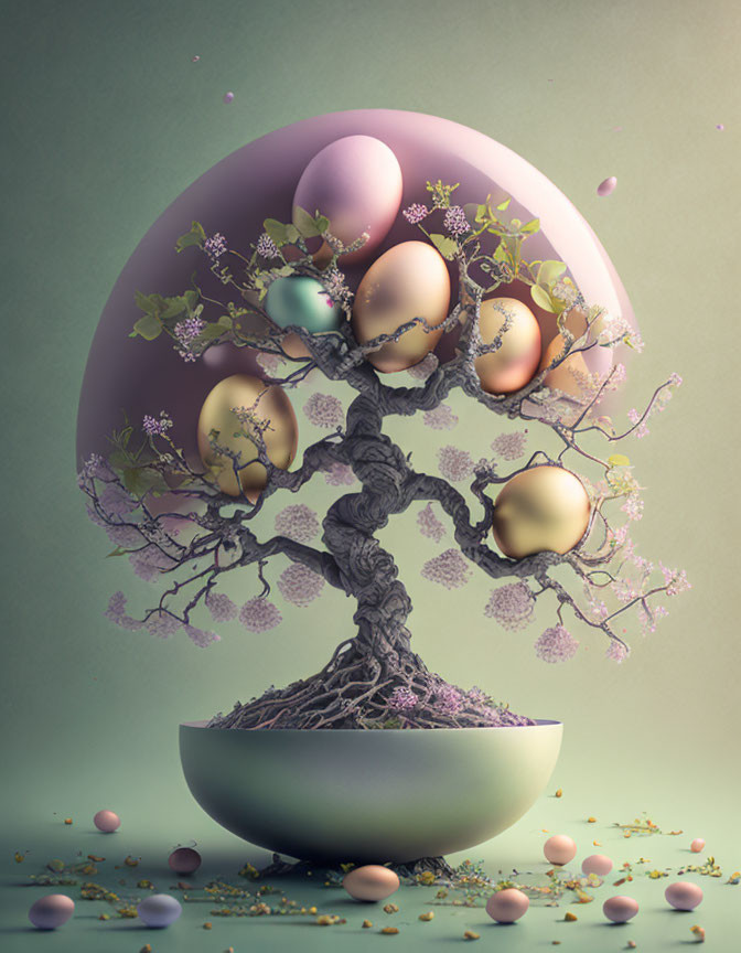 Fantastical tree with twisted trunk and oversized eggs on lavender backdrop.