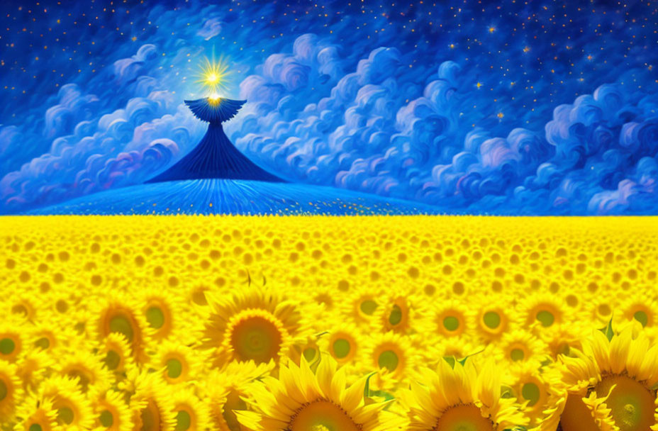 Vibrant painting of sunflowers under starry night sky