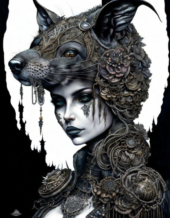 Fantasy illustration of a woman with wolf features and floral ornaments