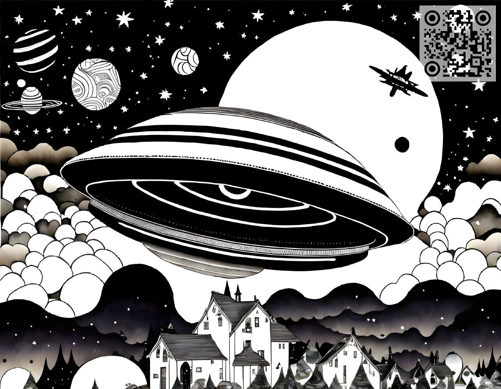 Detailed monochromatic illustration of oversized planet with rings, stars, planets, spaceship, houses, and