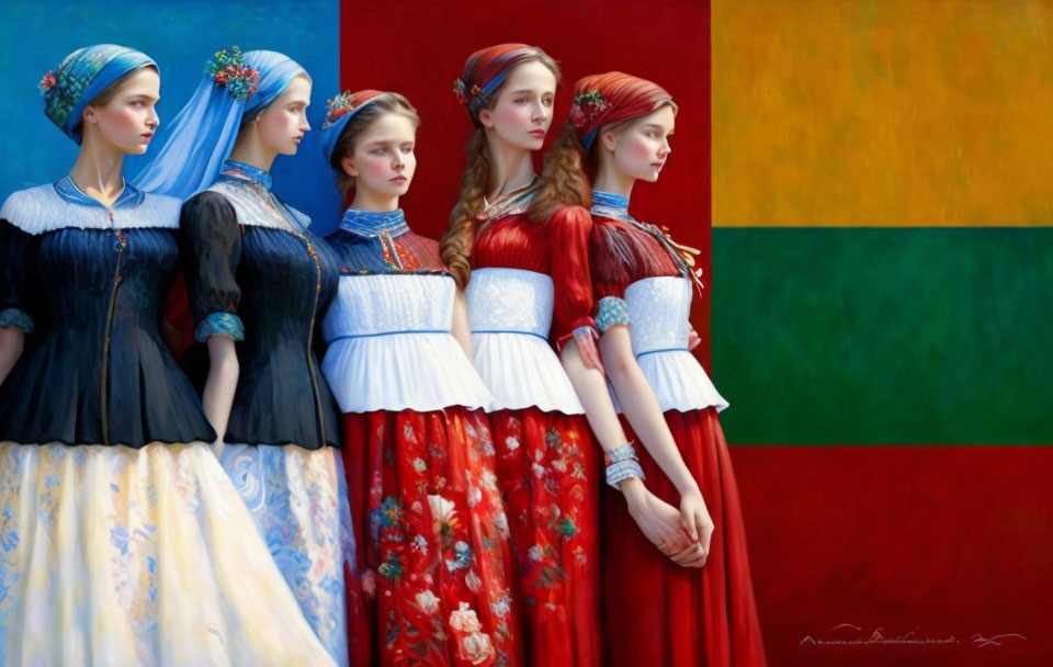 Four Women in Traditional European Clothing Against Vibrant Abstract Background