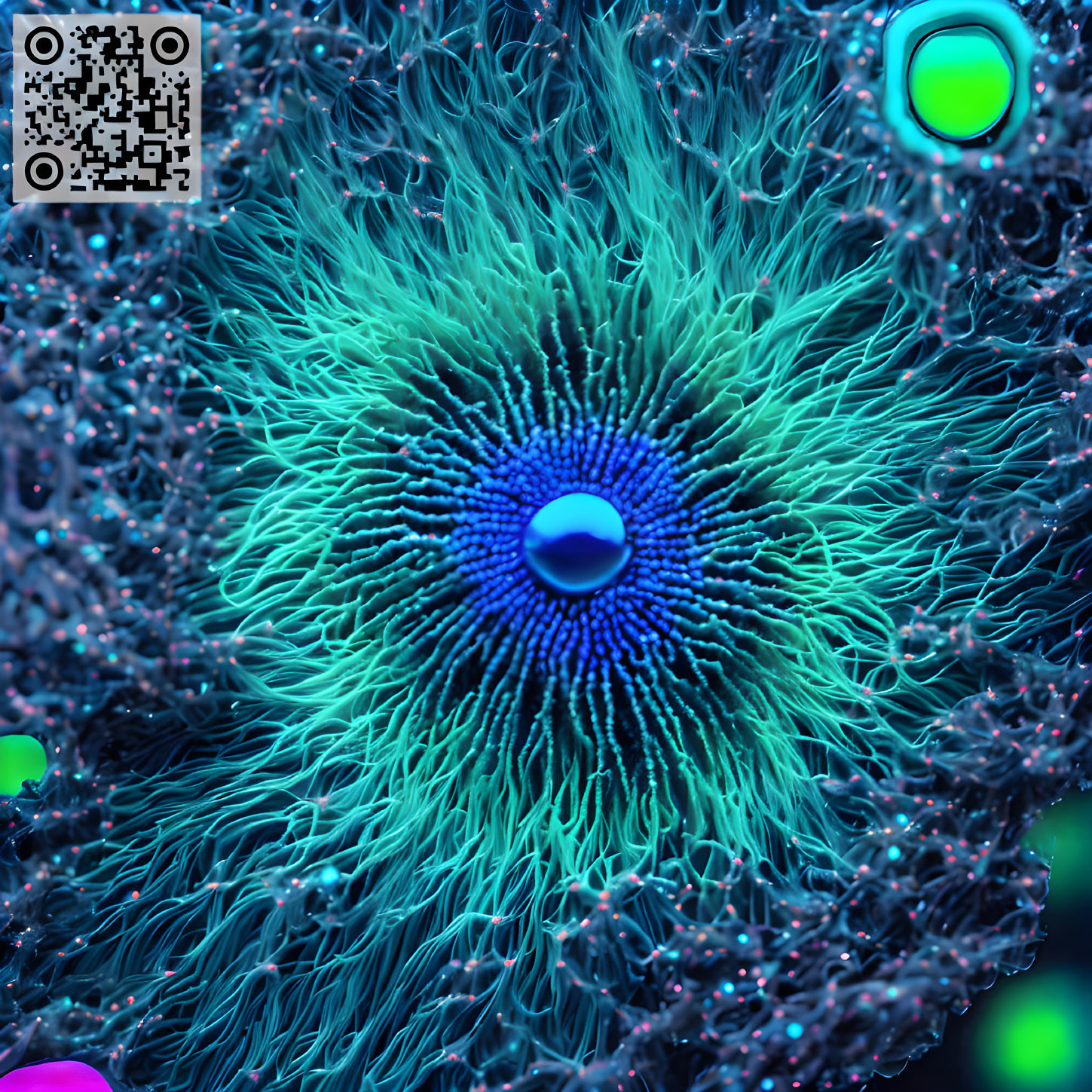 Abstract digital artwork: Blue spherical core, turquoise spiky strands, colorful orbs, QR code