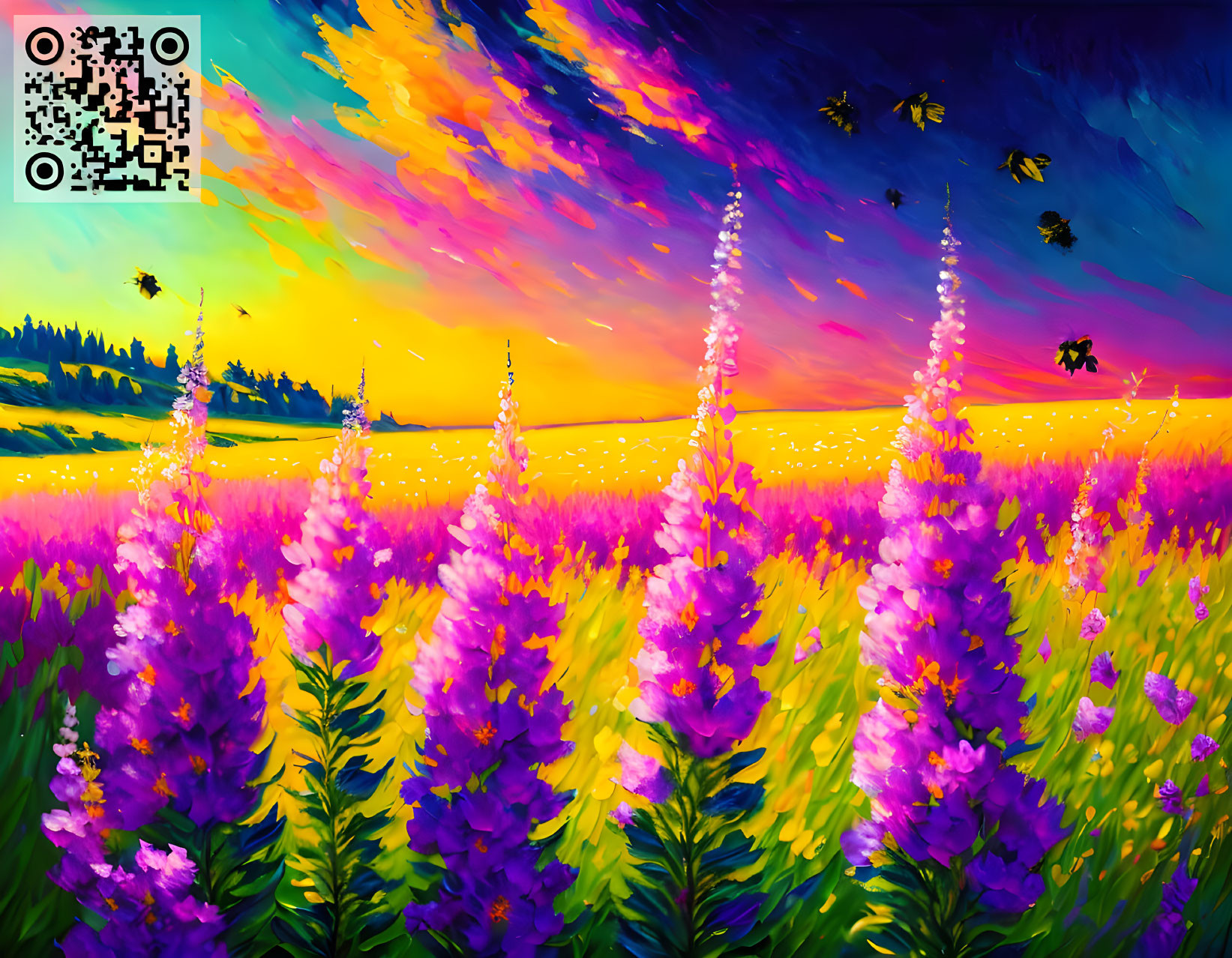 Vibrant sunset digital artwork with purple and yellow flower field and bees, featuring QR code.