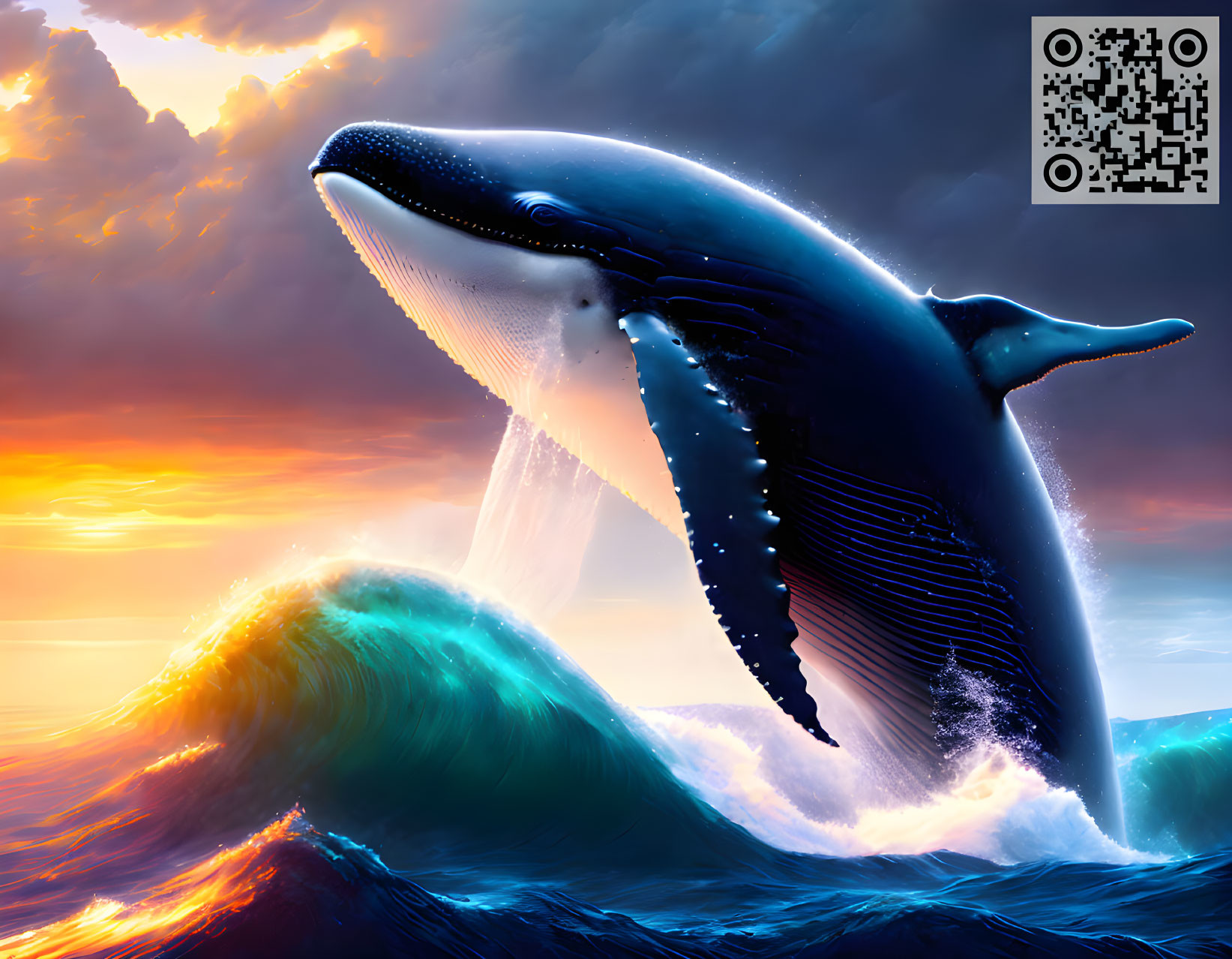 Dramatic humpback whale digital art with sunset ocean backdrop