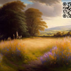 Tranquil landscape with blossoming meadow, vibrant flowers, trail, trees, and rolling hills