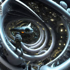 Futuristic humanoid robot and spaceship in swirling vortex