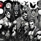 Monochrome illustration of muscular men with animal attributes and wolves under a full moon