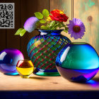 Colorful Woven Vase with Flowers and Glass Orbs on Wooden Surface