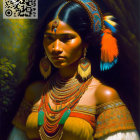 Traditional jewelry adorns woman in portrait against dark background