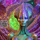 Vibrant digital artwork: Alien female with purple skin and cosmic backdrop