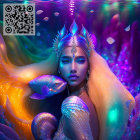 Vibrant mermaid illustration with fish and QR code