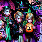 Colorful Halloween scene with five children in costumes and pumpkins in front of haunted house and bats