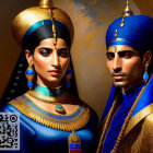 Stylized characters in ancient Egyptian attire on golden background