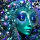 Blue-skinned alien female figure with elaborate head adornments and shimmering orbs.