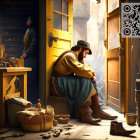 Medieval man in contemplation at cobblers' workshop with tools and shoes.