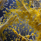 Microscopic Organisms & Neural Network: Yellow Fibrous Structures & Spherical Nodes on Dark Background