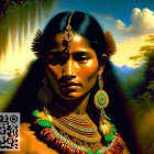 Vibrant digital painting of woman in traditional jewelry by waterfall