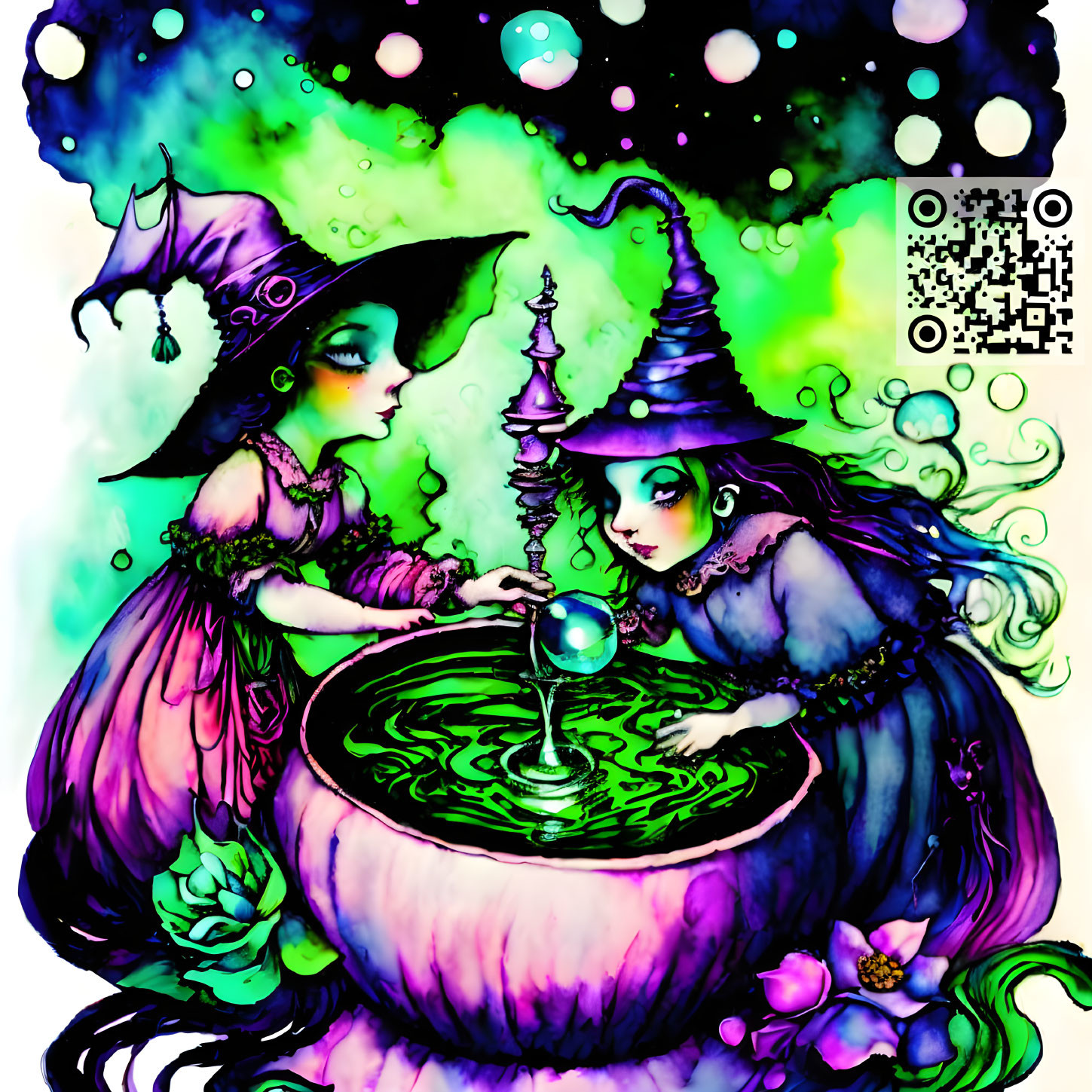 Fantastical witches with cauldron and crystal ball in vibrant colors.